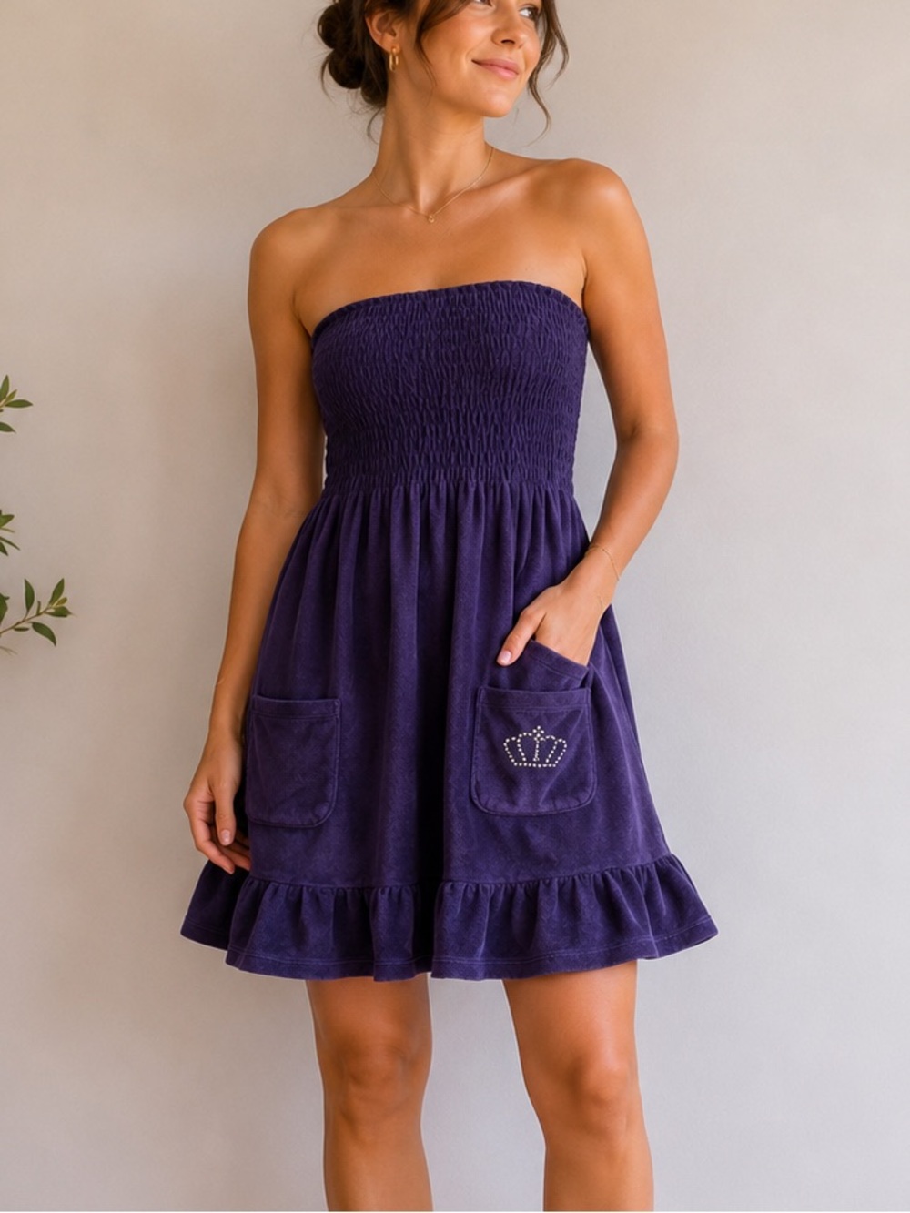 Atmosphere Strapless Smocked Mini Dress in Deep Purple